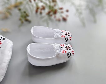 Christening Booties | White Cotton Lace, Folk Embroidery Baby Shoes