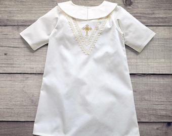 Ivory Cotton Linen Lace Baptism Gown, Gold Cross Embroidered Unisex Baby Christening Dress, Boy Girl Newborn Blessing Outfit, Godchild Gift