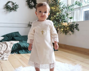 Warm Baptism Baby Gown, Ivory, Personalized, Name, Date, Cross Embroidery, Terry Cloth, Boy Girl, Baby Boy Baptism, Christening Outfit A2705