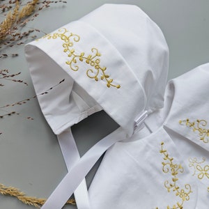 Beautiful Baptism Hat with golden embroidery. Baptism Outfit. Gown, booties, hat, blanket, hair bag with golden embroidery. Personalization is upon request. Pure fine satin.