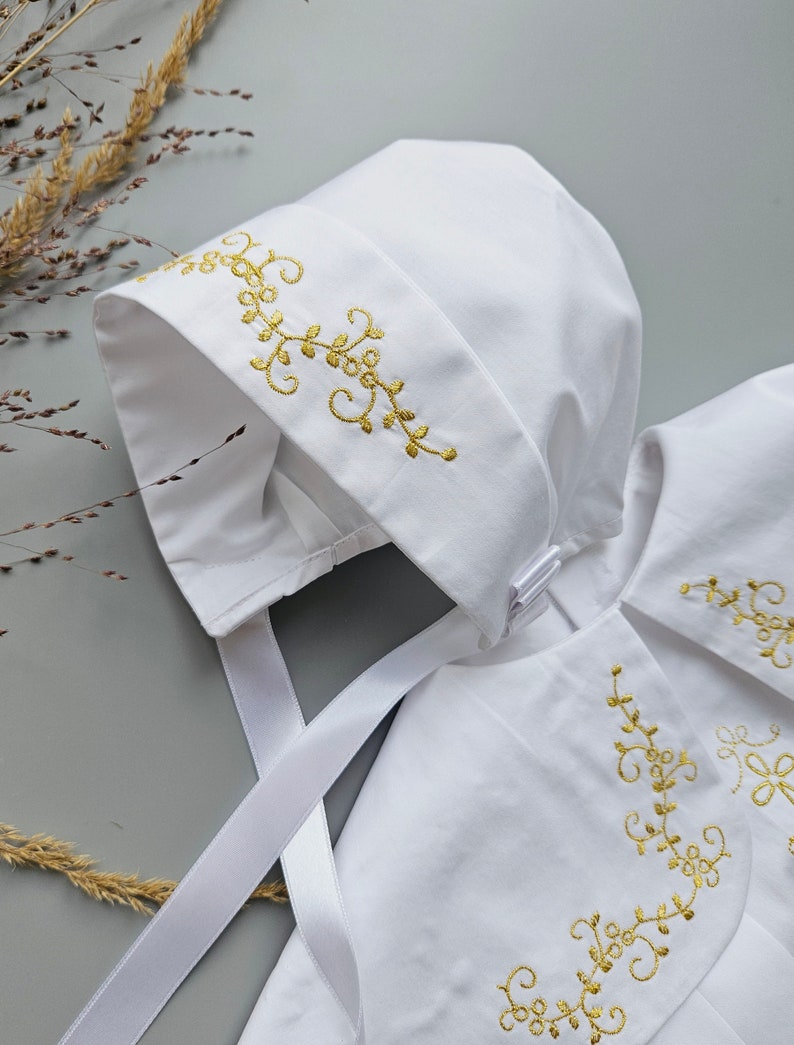 Beautiful Baptism Hat with golden embroidery. Baptism Outfit. Gown, booties, hat, blanket, hair bag with golden embroidery. Personalization is upon request. Pure fine satin.