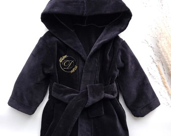 Black Baby Bathrobe Personalized Soft Pure Terry Cotton Hooded Monogrammed Gift For Kids Baby Shower Gift for Girl or Boy Kids Present 2712