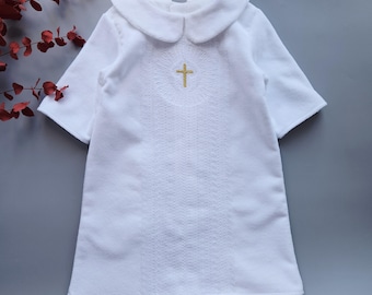 White Cotton Terry Christening Gown Set with Latin Cross Embroidery Baby Baptism Outfit