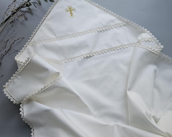 Personalized Baptism Blanket: Ivory Cotton Lace Hood, Golden Cross