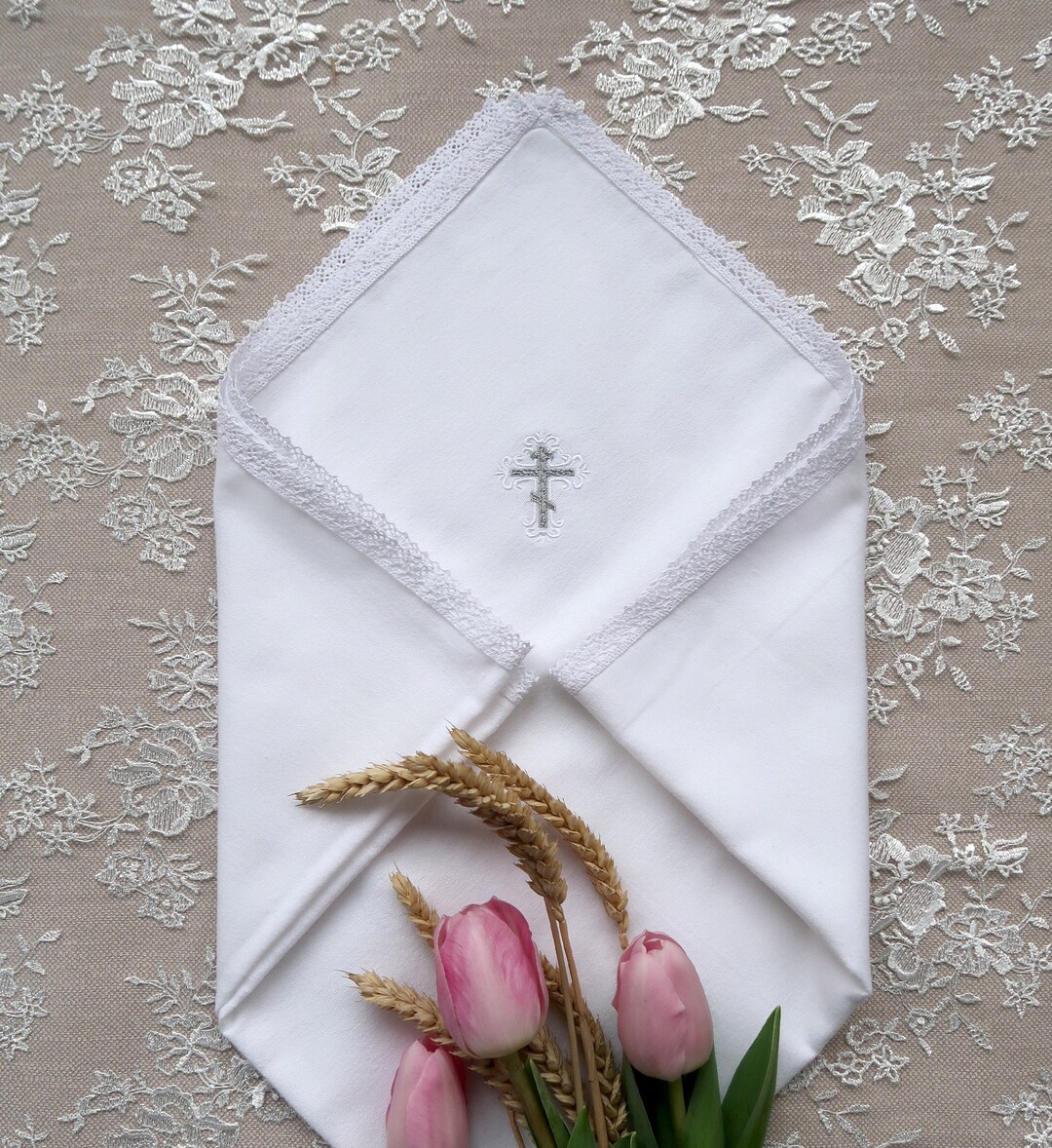 Christening Baby Swaddle Blanket, Personalized Baptism Swaddle, White