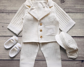 Conjunto de bautizo para bebé niño de punto texturizado color marfil, traje de bautizo de algodón lechoso con gorro de repartidor de periódicos, ropa de bendición para recién nacidos, conjunto para portador de anillos.