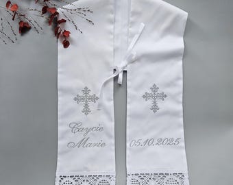 Heirloom Cotton Baptism Stole for Baby – White Christening Scarf Matching Outfit