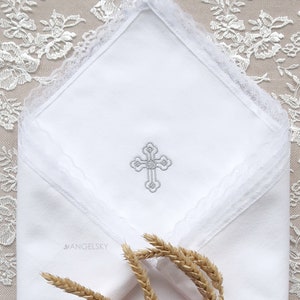 Toalla de franela de encaje para envolver al bebé para bautizo, nombre del bebé, cruz de plata bordada, bendición, manta para recién nacido, regalo de dedicación, recuerdo 19908