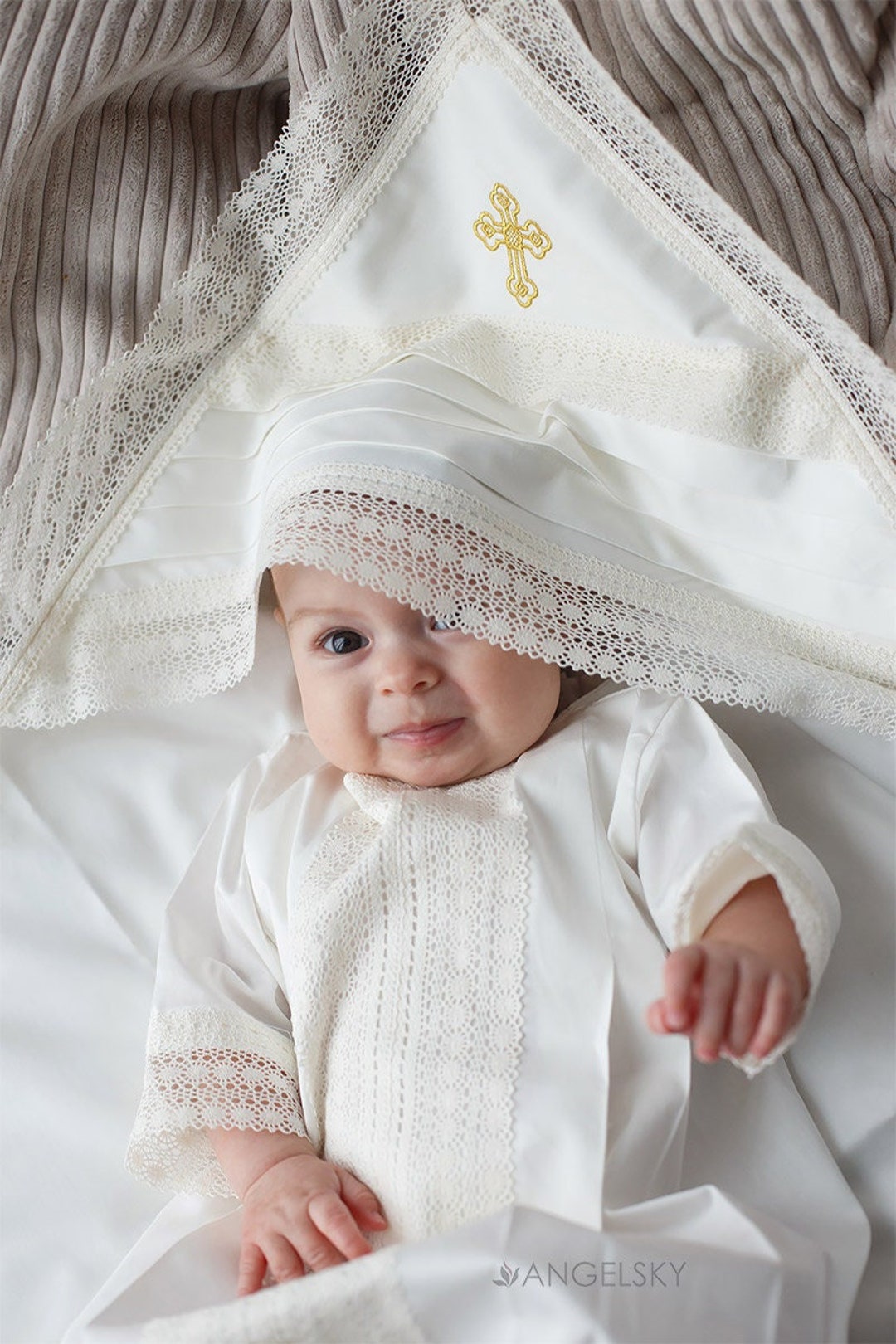 Baptism Baby Satin Gown Ivory Boy or Girl Baptismal Gown Etsy