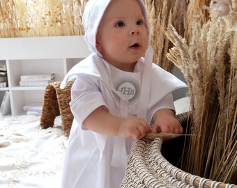 Satin Christening Gown: White Baptism Outfit with Silver Embroidery