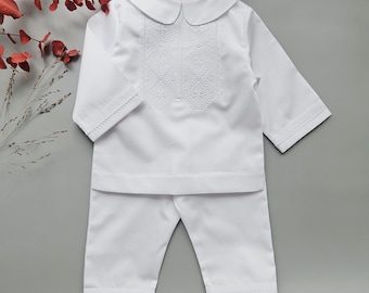 White Cotton Baby Boy Suit: Christening Baptism Outfit with embroidery
