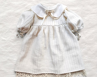 Ivory Cotton Lace Christening Gown, Baby Girl Personalized Baptism Dress, Cable Knit Puff Sleeve Blessing Outfit, Newborn Keepsake Gift