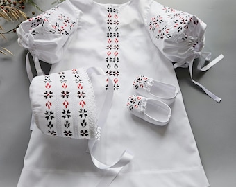 Heritage Baptism Shirt  | Traditional Red & Black Embroidery Baby Gown – Cotton Ceremony Christening Outfit 2400
