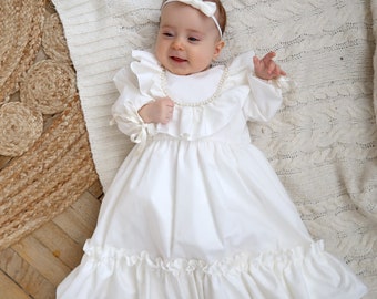 Vestito da battesimo per bambina in avorio, abito in raso di cotone, perline, vestito da battesimo per bambina
