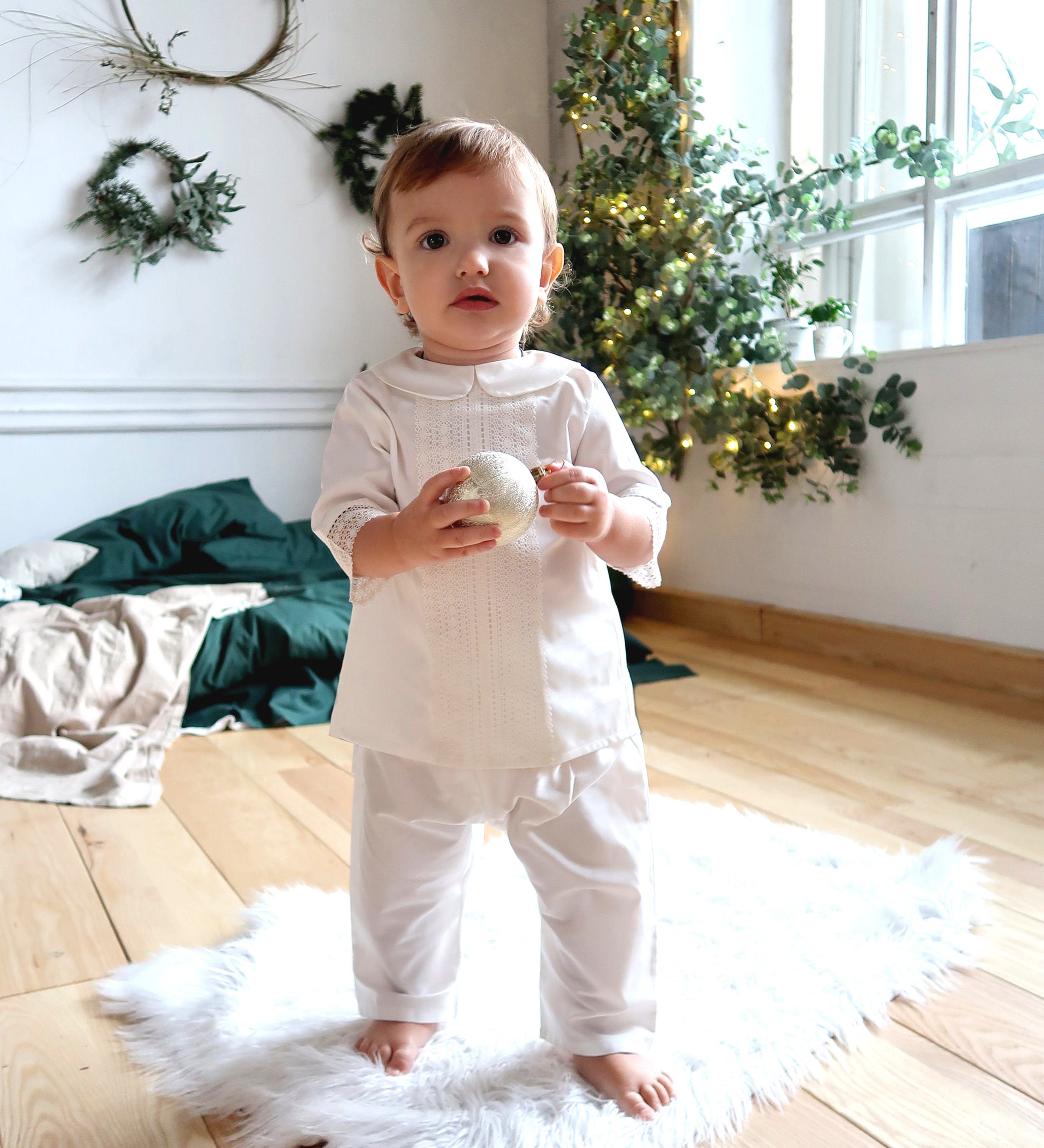 Christening Baby Boy Outfit Personalized Baptism Set Ivory Satin Suit Linen Lace