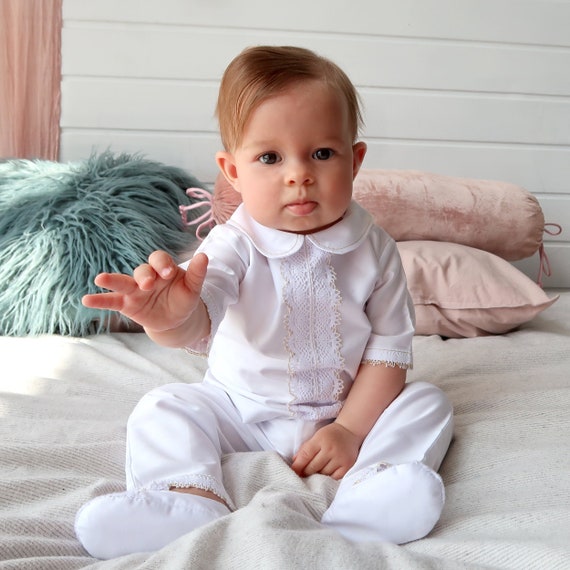 Baby boy white christening romper top