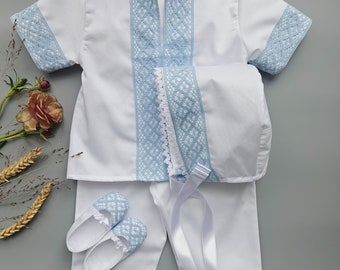 Baby Boy Christening Outfit: White Cotton Baptism Suit with Blue Lace