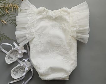 Completo abito da battesimo in avorio Heirloom: tutina in pizzo di lusso e gonna rimovibile, coperta calda, abito della benedizione