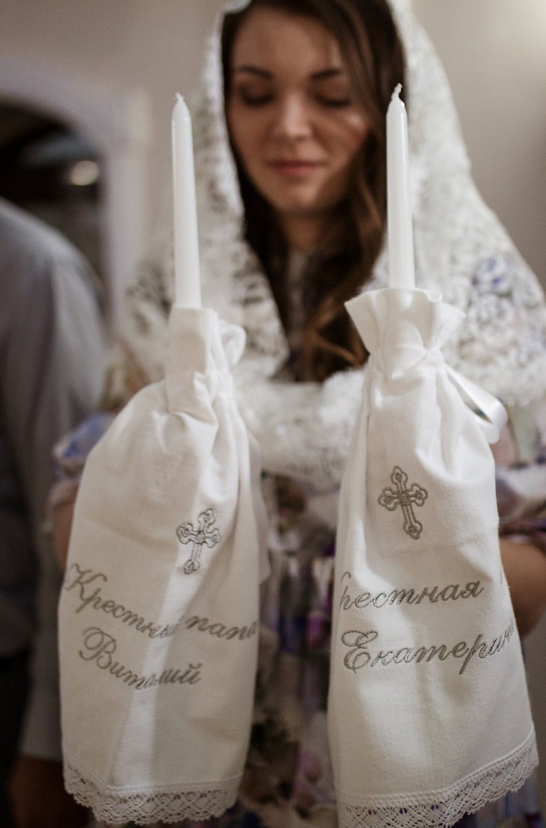 Candle Baptism Napkins. First hair cut bag. Baptism Hooded Towel for Baby Girl Boy made from cotton flannel and decorated with guipure and lace. Baptism set with candel napkins and first hair cut bag for baptism ceremony. Christening Set.