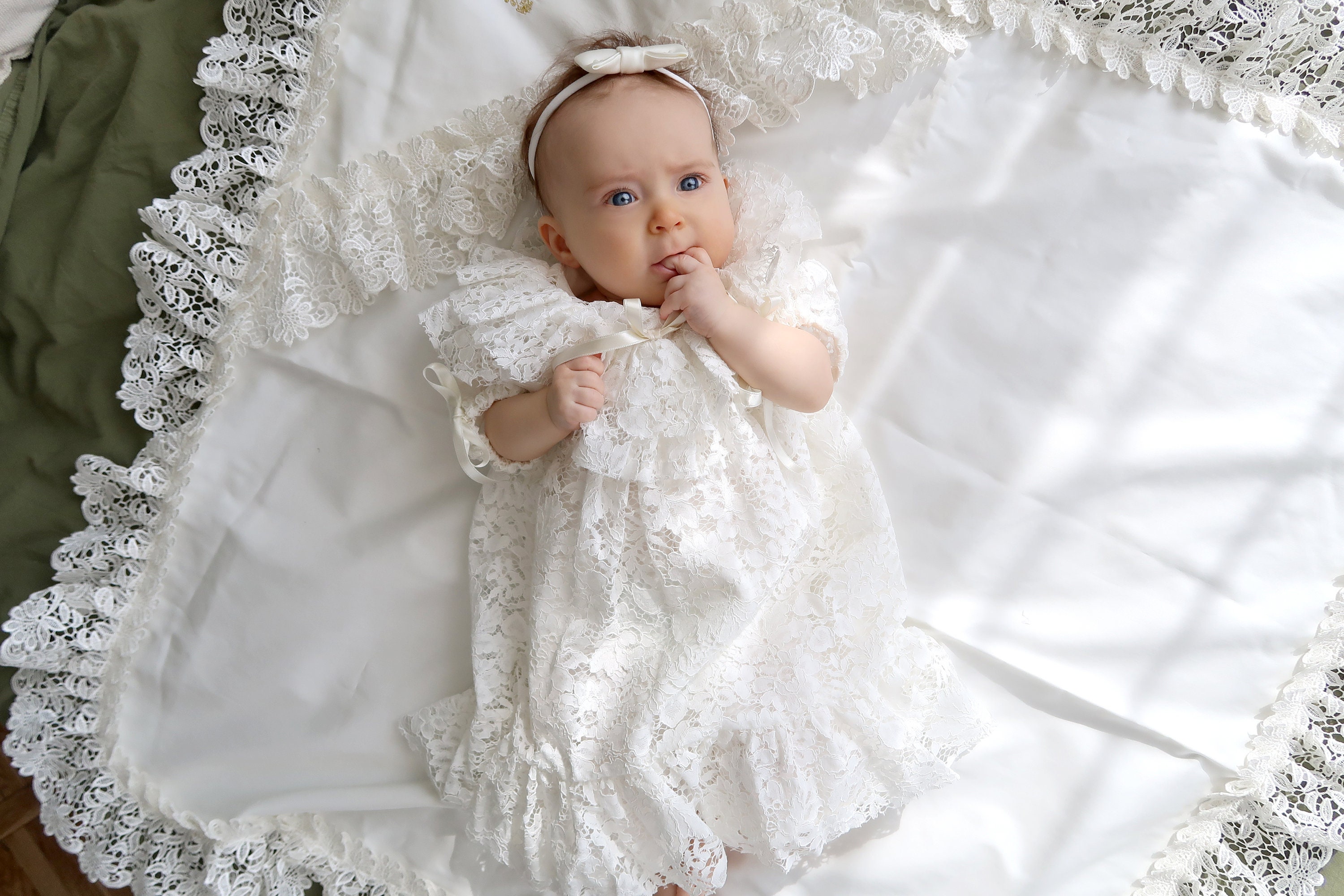 infant lace baptism dress Ivory Wedding Baby Dress: Lace Baptism Dress, Headband & Blanket, Christening Gown
