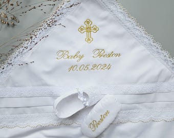 Personalized Christening Blanket: Lace Hooded Cotton Baptismal Gift Set