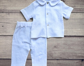 White Cotton Muslin Baby Boy Suit: Christening Outfit Elegant Blessing Shirt Pants Baptism Godson Present Grandson Keepsake