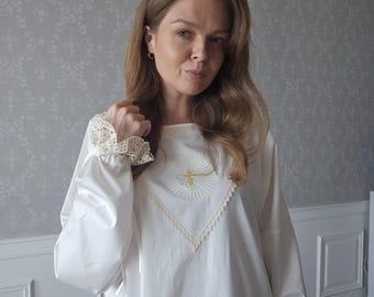 Adult Baptism Shirt Women Orthodox Christening Robe Cross Ivory Linen Lace Christian Gown