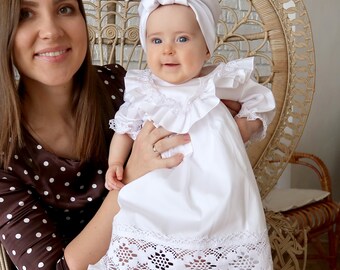 White Lace Baby Dress, Vintage Puff Sleeve Boho Gown, Rustic Flower Girl Outfit, Wedding Portrait Frock, Birthday Holiday Photoshoot Attire