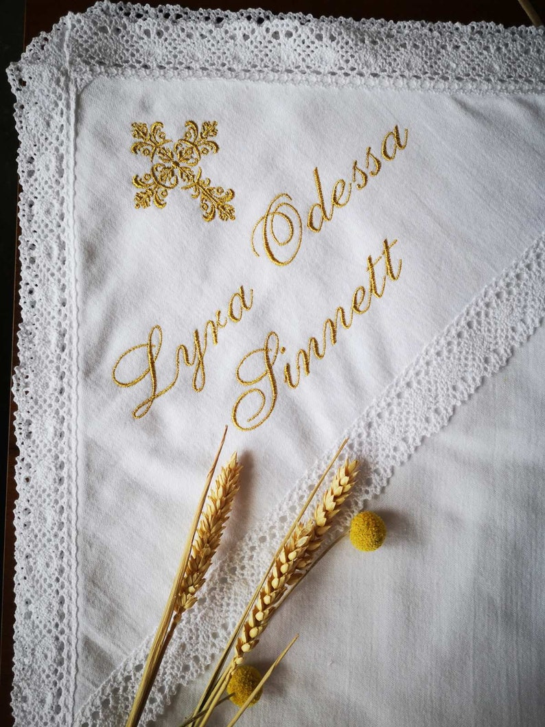 Gold thread embroidery. Baptism Hooded Towel for Baby Girl Boy made from cotton flannel and decorated with guipure and lace. Baptism set with candel napkins and first hair cut bag for baptism ceremony. Christening Set.
