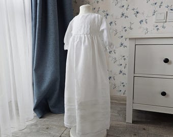 Linen Baby Girl Baptism Gown: White Lace Christening Outfit