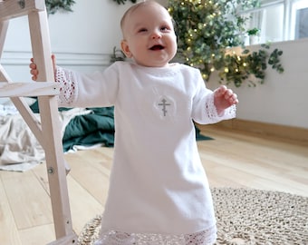 Warm Christening Baby Gown, White, Personalization, Byzantine Cross Embroidery, Soft Terry Cotton, Baby Boy or Girl Baptism Outfit 2704