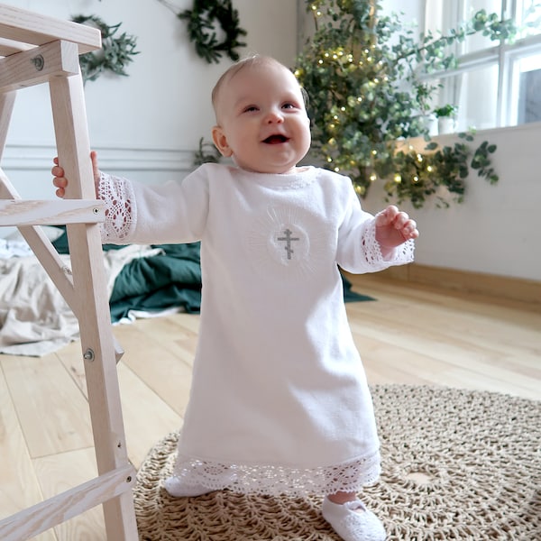 Warm Christening Baby Gown, White, Personalization, Byzantine Cross Embroidery, Soft Terry Cotton, Baby Boy or Girl Baptism Outfit 2704