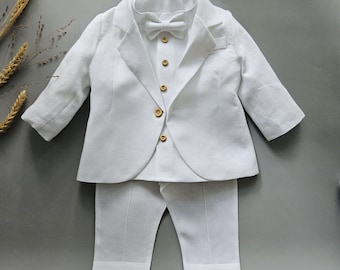 White Linen Baby Boy Suit, Christening Outfit With Jacket Vest Pants, Baptism Tuxedo Set, Newborn Blessing Gift, Ring Bearer Wedding Attire