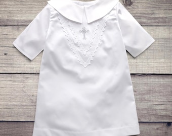 White Cotton Baptism Gown, Silver Cross Embroidered Christening Dress, Sailor Collar Lace Unisex Blessing Outfit, Newborn Baby Godchild Gift