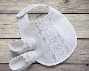Communion Baby Baptism Bib | Boys Girls Lace Booties | Cross Pillow | First Hair Curl Keepsake