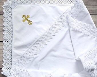 White Cotton Lace Baptism Blanket, Hooded Golden Cross Embroidered Christening Towel, Personalized Name Date Baby Wrap, Elegant Newborn Gift