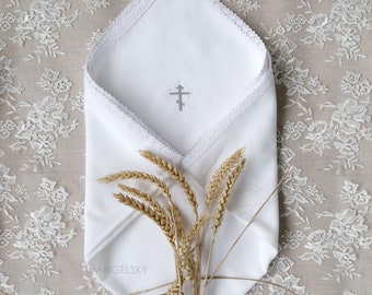 Personalized Baptism Swaddle Blanket: Byzantine Cross Flannel Baby Towel