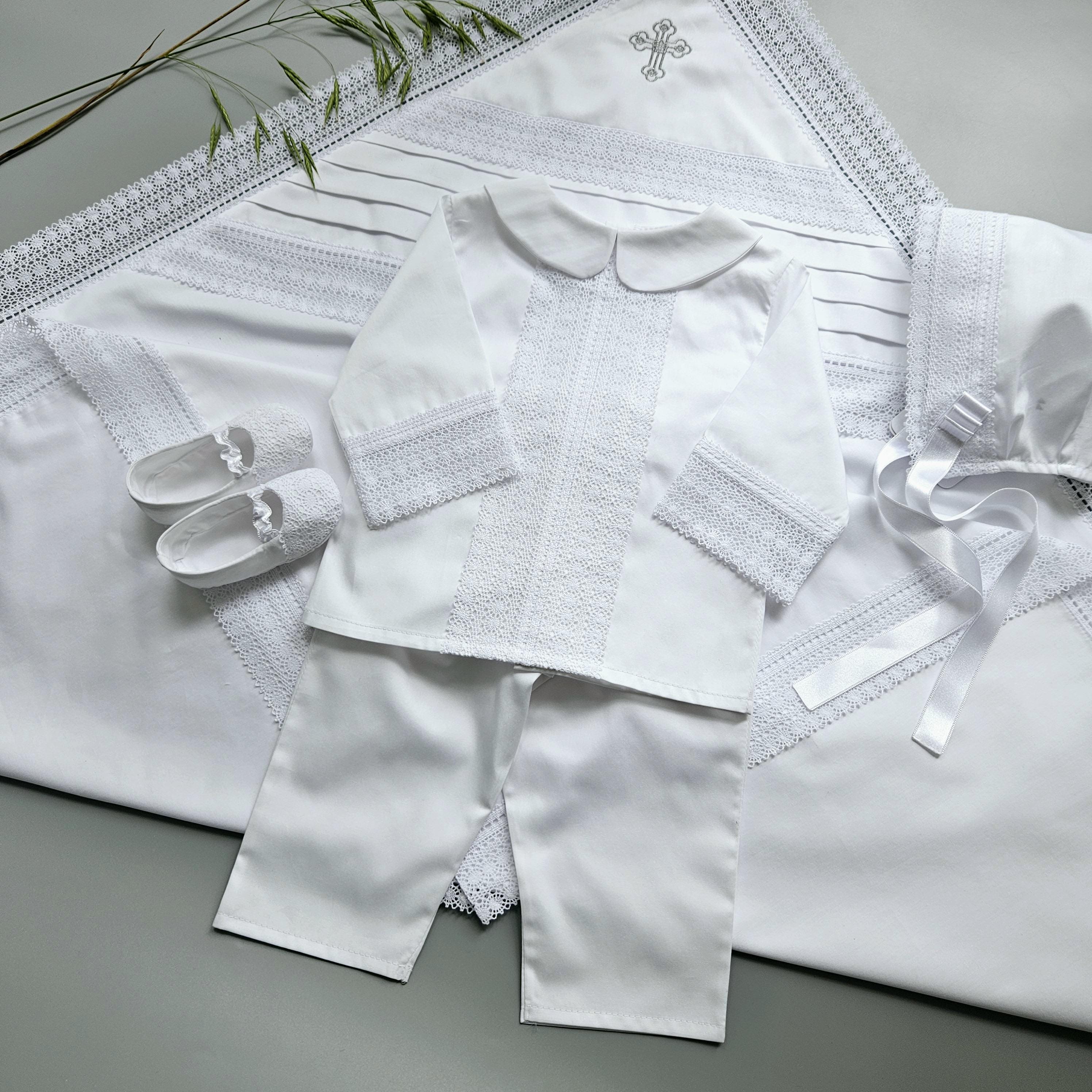 Christening White Baby Boy Suit Cotton Lace Baptism Outfit Set Shirt Pants Booties Blanket