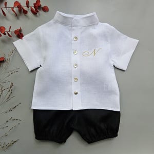 Taufe Junge Reines Leinen Outfit Tauf Junge Segnung Junge Set Weißes Hemd Schwarze Shorts Neugeborene Baby Jungen Anzug Taufgeschenk Gastgeschenke 8500