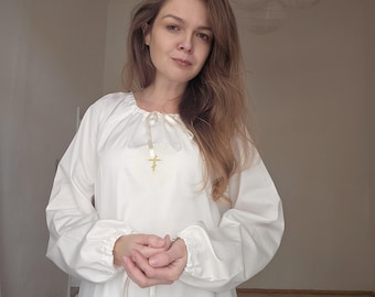 Elegant Adult Christening Gown – Milky Satin Baptism Dress with Cross