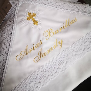 Personalized Baptism quilt Baptism Baby Boy Suit. White cotton lace with silver pattern. Baptism Outfit for a boy Christening lace Outfit. Baptism Set of a shirt, pants, booties, bonnet, hooded blanket Personalized Baptism Outfit.  Christening Gift.