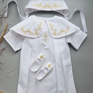 Nice Baptism Outfit. Gown, booties, hat, blanket, hair bag with golden embroidery. Personalization is upon request. Pure fine satin.