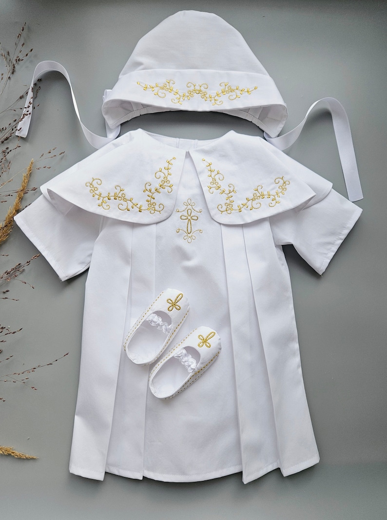 Nice Baptism Outfit. Gown, booties, hat, blanket, hair bag with golden embroidery. Personalization is upon request. Pure fine satin.