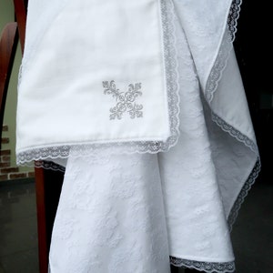 Baptism Hooded Towel for Baby Girl Boy made from cotton flannel and decorated with guipure and lace. Baptism set with candel napkins and first hair cut bag for baptism ceremony. Christening Set.