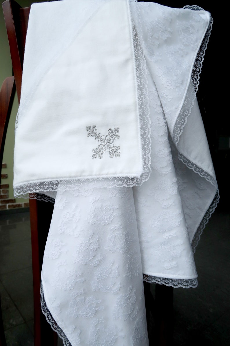 Baptism Hooded Towel for Baby Girl Boy made from cotton flannel and decorated with guipure and lace. Baptism set with candel napkins and first hair cut bag for baptism ceremony. Christening Set.