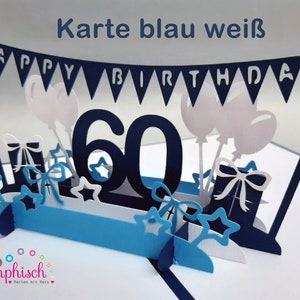 Pop-up Card zum Geburtstag, personalisiert Karte blau weiß