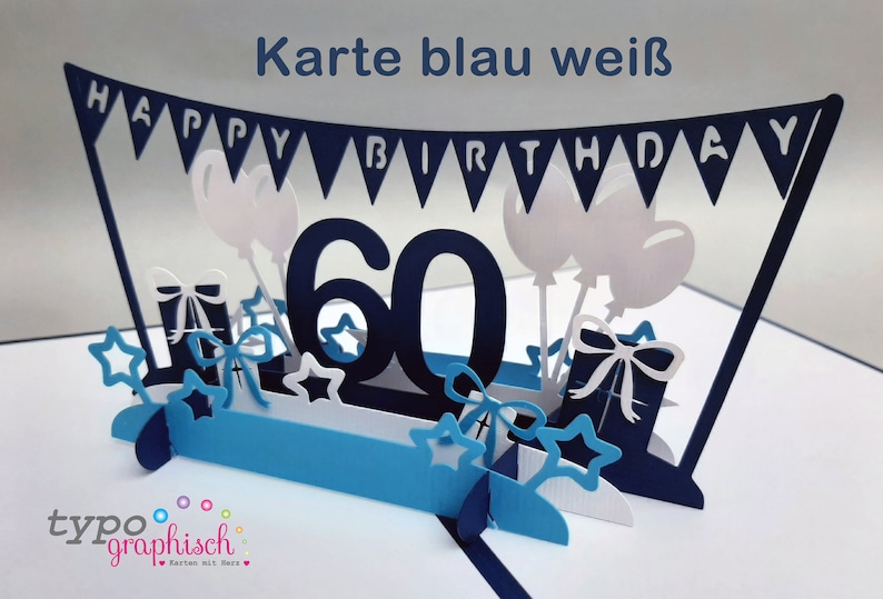 Pop-up Card zum Geburtstag, personalisiert Karte blau weiß