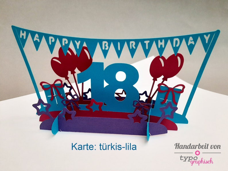 Pop-up Card zum Geburtstag, personalisiert Karte türkis lila
