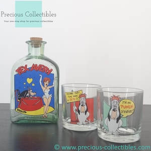 Niezwykle rzadki! Zestaw karafek szklanych Vintage Tex Avery. Wykonany w 1993 r. Niesamowity przedmiot kolekcjonerski Droopy, Wolf i Red.