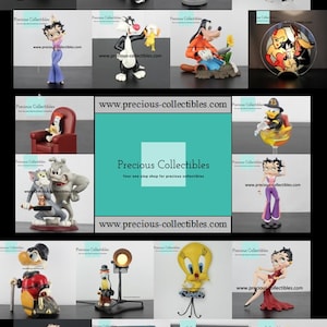 Peut inclure: Une collection de figurines de personnages de dessins anim&eacute;s, dont Mickey Mouse, Titi, Bugs Bunny et Betty Boop. Les figurines sont pr&eacute;sent&eacute;es sur un fond blanc avec l'adresse du site Web "www.precious-collectibles.com" et le texte "Precious Collectibles" dans un encadr&eacute; bleu.